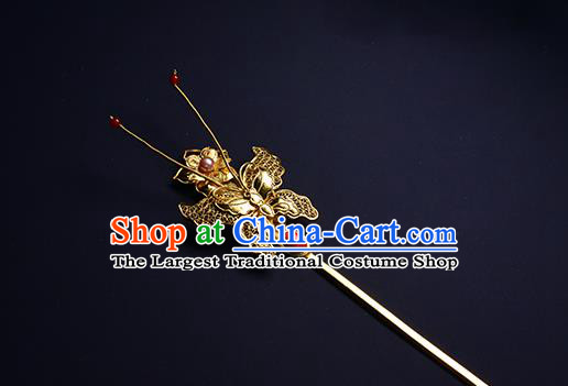 China Traditional Hair Jewelry Ming Dynasty Filigree Butterfly Hairpin Ancient Empress Golden Hair Stick