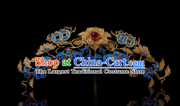 China Traditional Court Filigree Peony Hair Jewelry Qing Dynasty Hair Accessories Ancient Empress Blueing Hair Crown