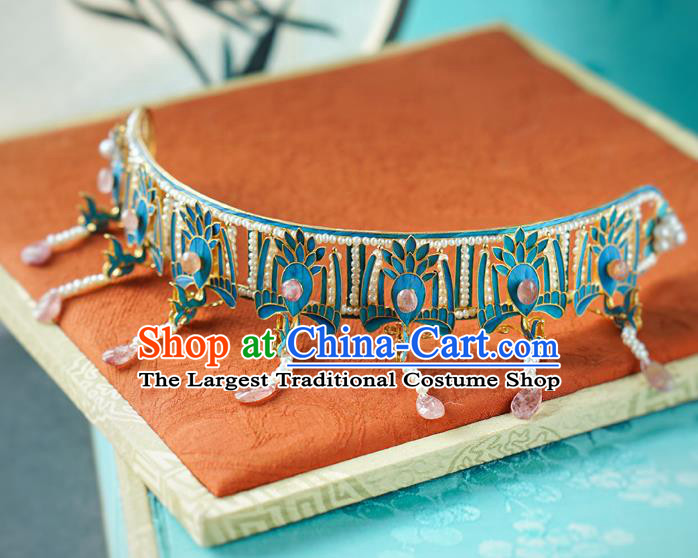 China Ming Dynasty Queen Pearls Tassel Hair Crown Traditional Court Hair Jewelry Ancient Empress Tourmaline Phoenix Coronet