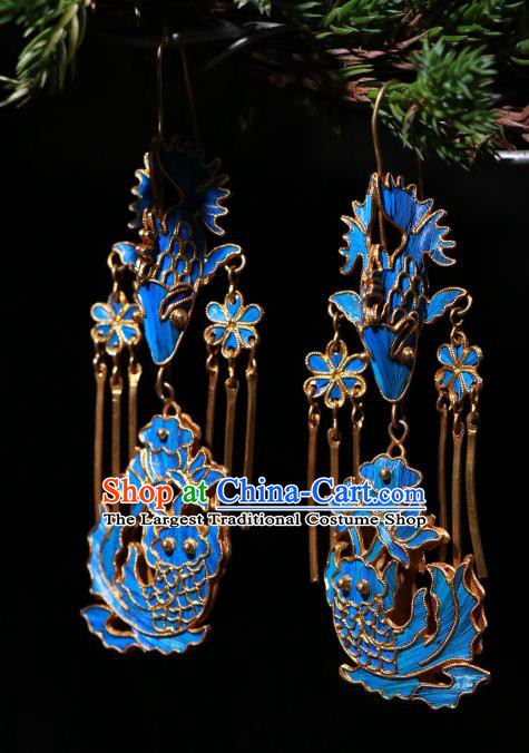 Chinese Classical Cheongsam Earrings Jewelry Ancient Qing Dynasty Blueing Lotus Fish Ear Accessories