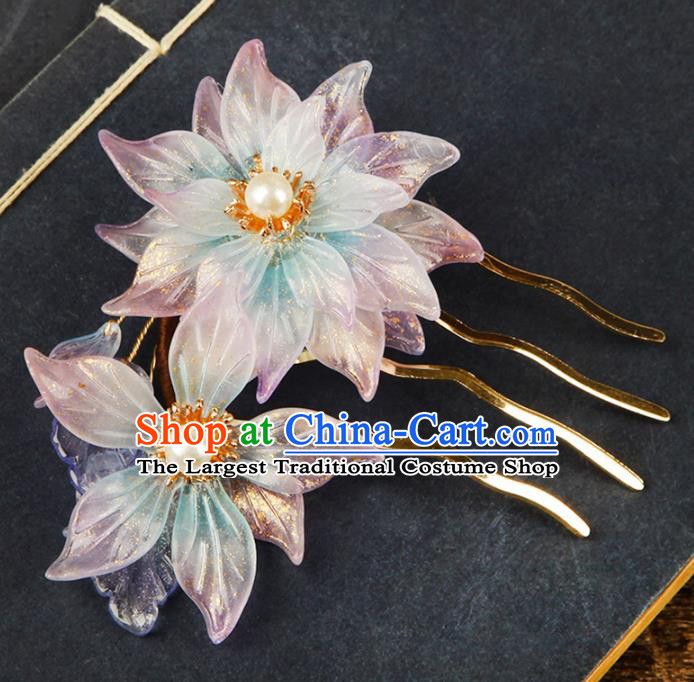 China Traditional Ancient Court Hair Jewelry Hairpin Ming Dynasty Young Lady Pink Lily Flowers Hair Comb