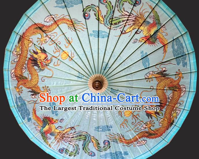 Traditional China Handmade Light Blue Umbrellas Artware Wedding Umbrella Painting Dragon Phoenix Oil Paper Umbrella