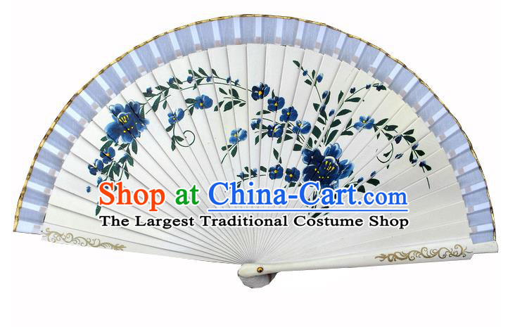 Handmade China Traditional Printing Blue Flowers Folding Fan Wood Fan Silk Accordion