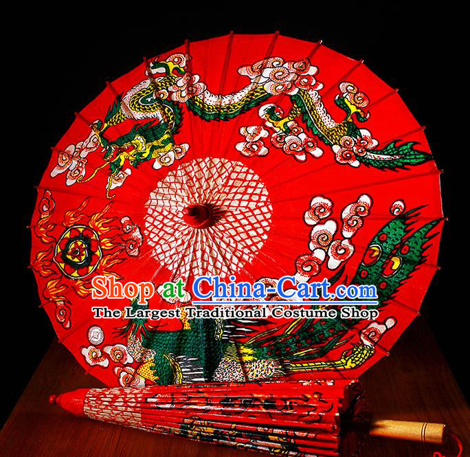 Traditional China Classical Printing Dragon Phoenix Paper Umbrella Handmade Umbrellas Artware Wedding Red Oil Paper Umbrella
