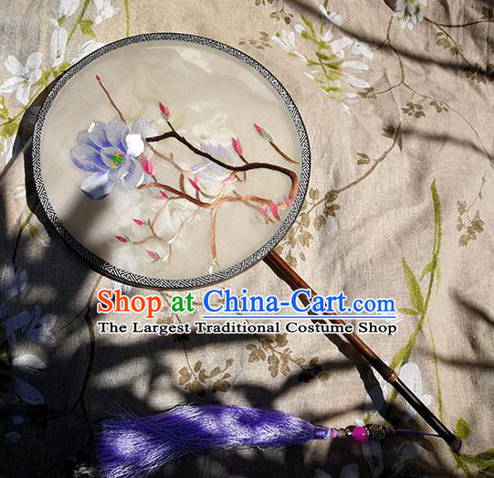 China Traditional Double Sides Embroidered Mangnolia Circular Fan Handmade White Silk Fan Classical Dance Palace Fan
