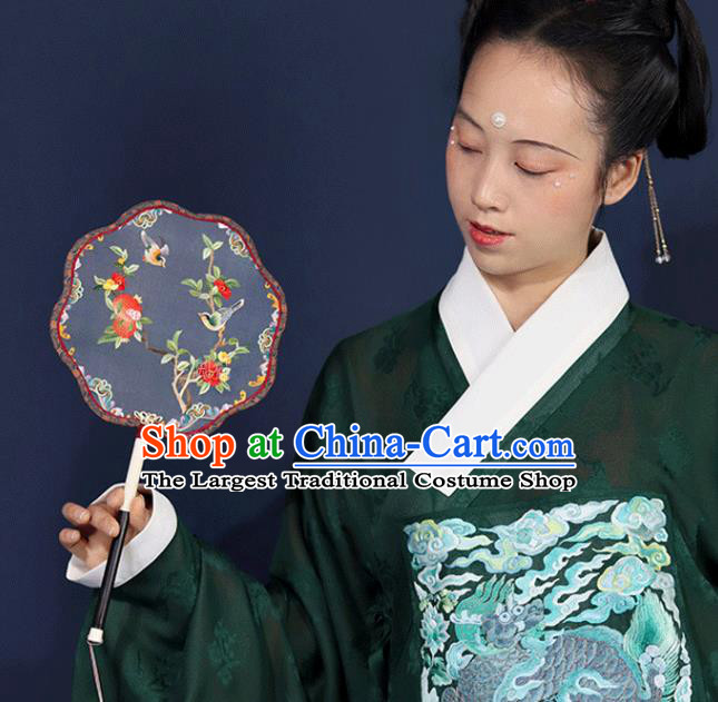 China Embroidered Palace Fan Handmade Wedding Blue Silk Fan Traditional Ming Dynasty Princess Fan