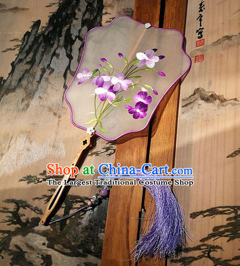 China Embroidered Purple Flowers Fan Traditional Hanfu Fan Handmade Silk Fans Palace Fan