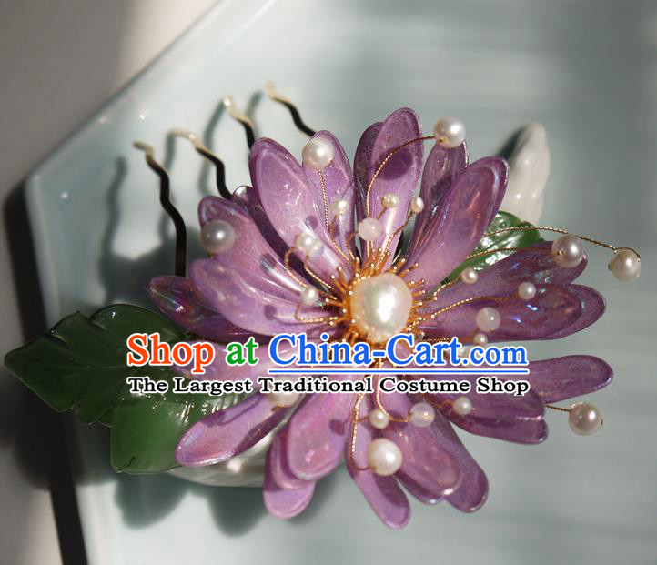 China Handmade Purple Chrysanthemum Hair Comb Traditional Hanfu Pearls Hairpin Hair Accessories