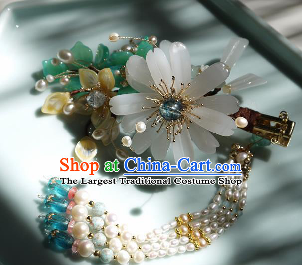 China Traditional Ming Dynasty Pearls Tassel Hairpin Handmade Ancient Princess Chrysanthemum Hair Stick