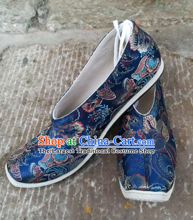 Chinese Traditional Strong Cloth Soles Shoes Song Dynasty Scholar Shoes Ancient Noble Childe Royalblue Brocade Shoes