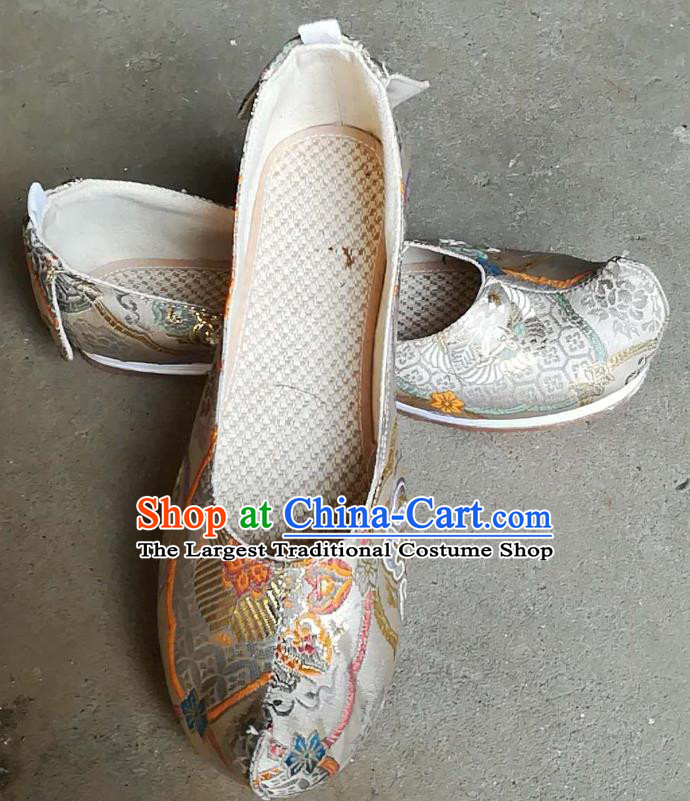Chinese Ming Dynasty Prince Shoes Traditional Hanfu Shoes Ancient Scholar White Brocade Shoes