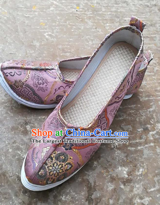 Chinese Traditional Ming Dynasty Hanfu Shoes Handmade Classical Pattern Pink Brocade Shoes
