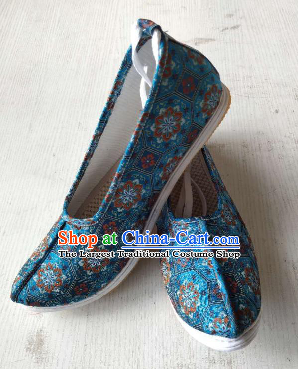 Chinese Wedding Men Shoes Handmade Classical Brocade Shoes Traditional Blue Hanfu Shoes