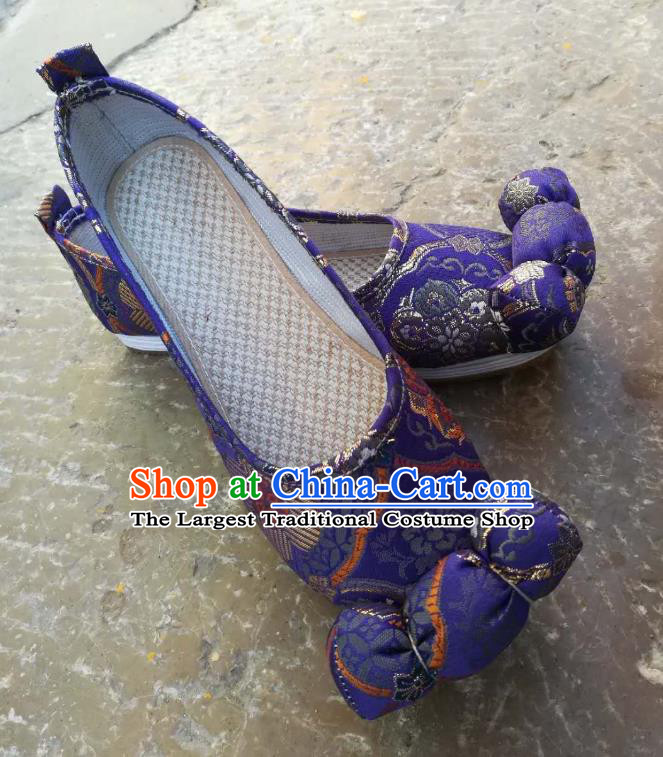 China Traditional Tang Dynasty Princess Shoes Hanfu Shoes Classical Purple Brocade Shoes
