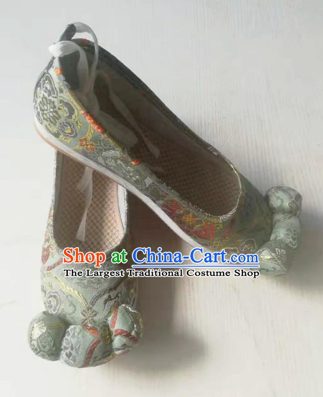 China Classical Bride Shoes Wedding Light Green Brocade Shoes Traditional Tang Dynasty Princess Shoes
