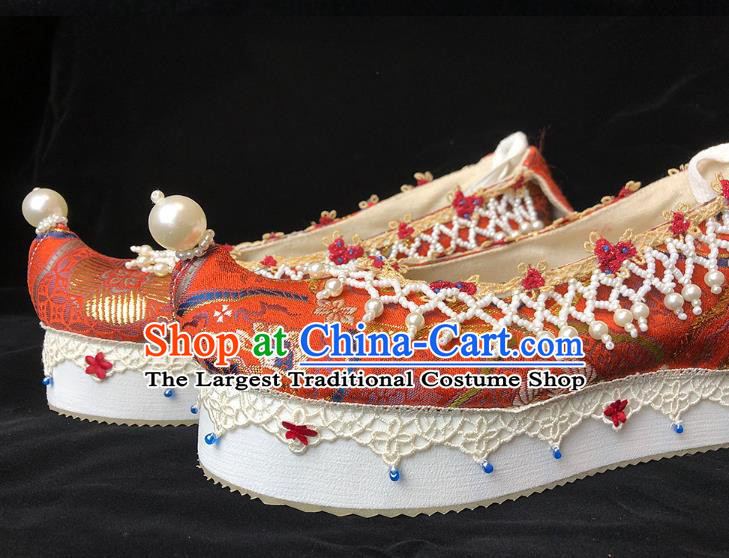 China Classical Red Brocade Shoes Ancient Princess Pearls Shoes Traditional Ming Dynasty Wedding Hanfu Shoes