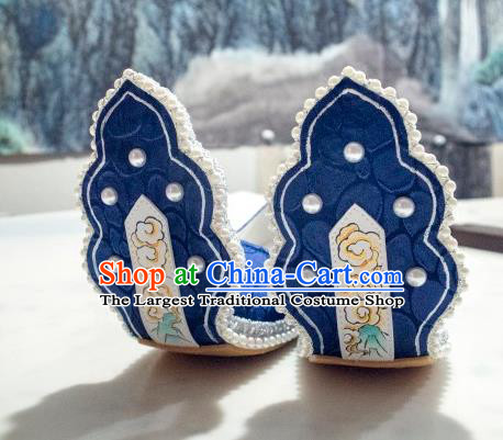 China Hanfu Pearls Shoes Traditional Song Dynasty Princess Shoes Classical Royalblue Brocade Shoes