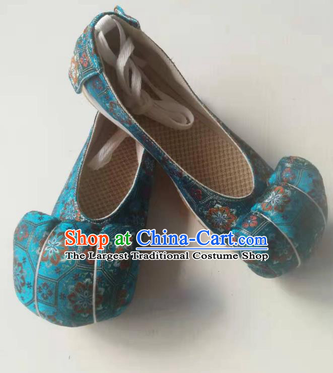 China Traditional Song Dynasty Blue Brocade Shoes Handmade Satin Shoes Ancient Princess Hanfu Shoes