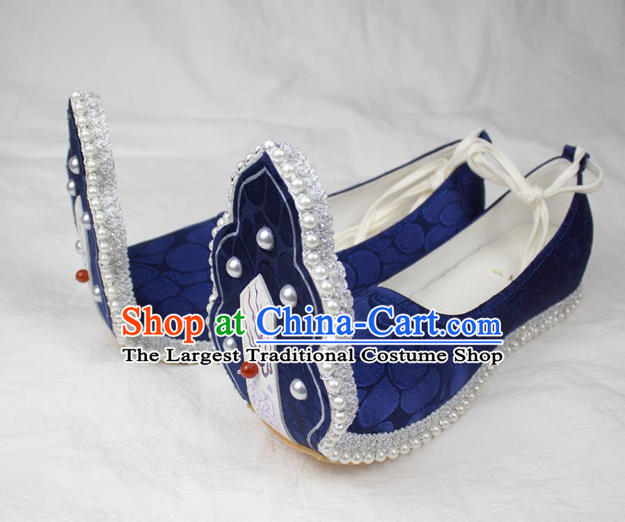 China Classical Royalblue Brocade Shoes Traditional Wedding Hanfu Pearls Shoes Tang Dynasty Princess Shoes