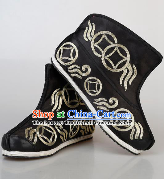 Chinese Handmade Ancient Swordsman Embroidered Black Boots Traditional Beijing Opera Warrior Shoes