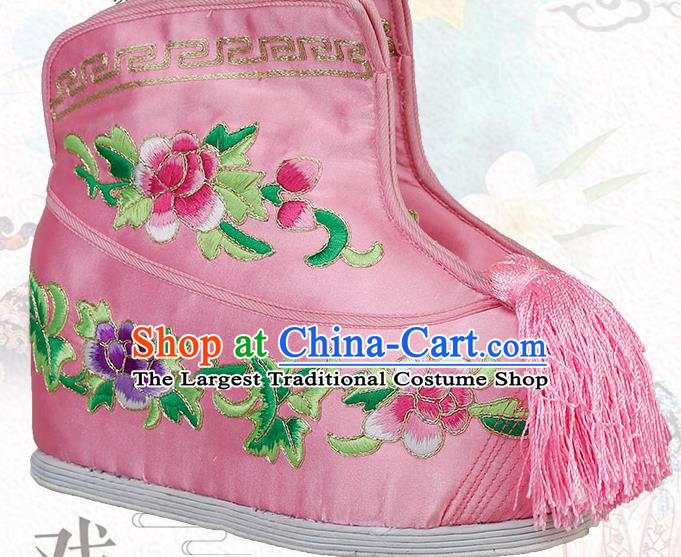 China Ancient Swordswoman Pink Satin Shoes Traditional Peking Opera Blues Embroidered Boots