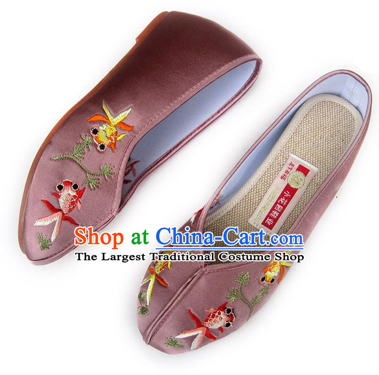 China Embroidered Cameo Brown Satin Shoes Traditional Wedding Shoes National Beijing Shoes