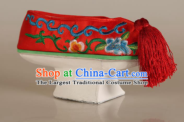 China Traditional Peking Opera Diva Embroidered Shoes Ancient Qing Dynasty Princess Red Satin Shoes