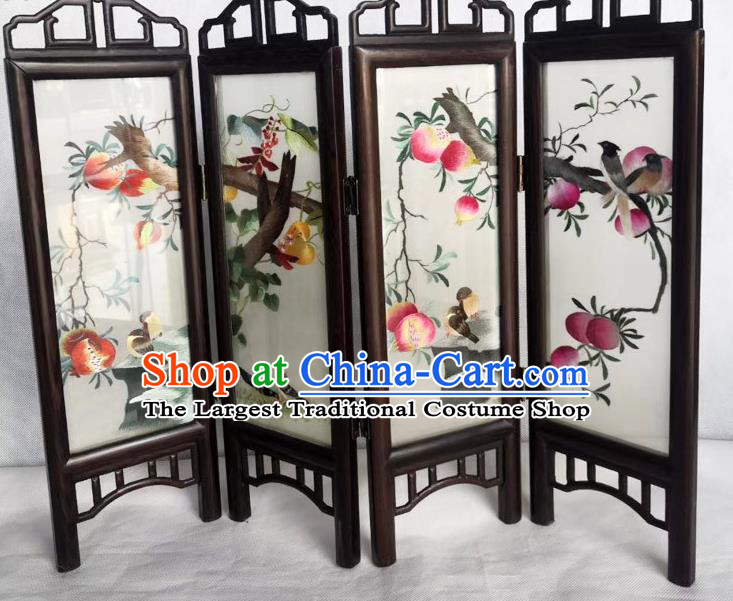 Chinese Handmade Desk Ornaments Rosewood Folding Screen Craft Suzhou Embroidery Peach Pomegranate Table Screen