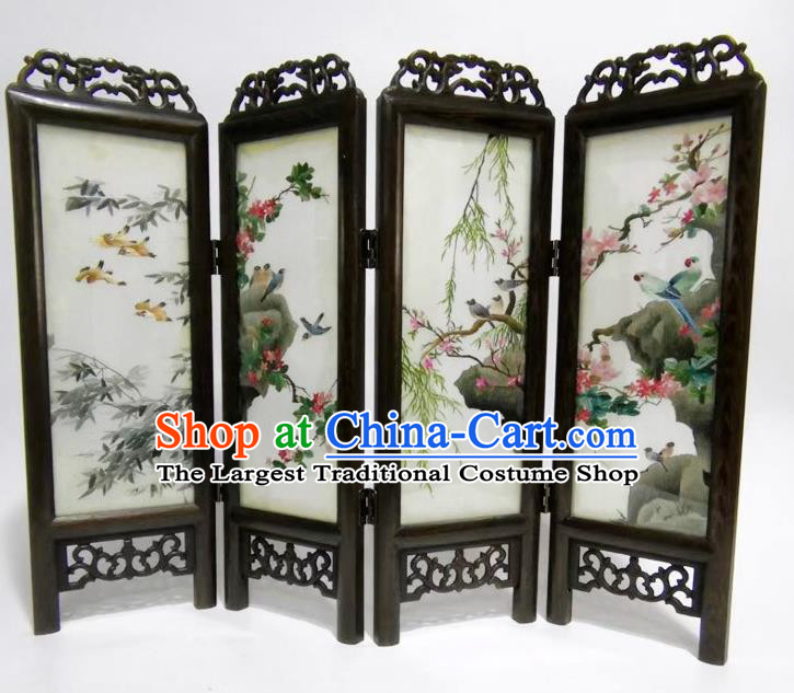 Chinese Handmade Flowers Birds Folding Screen Craft Suzhou Embroidery Table Screen Desk Ornaments