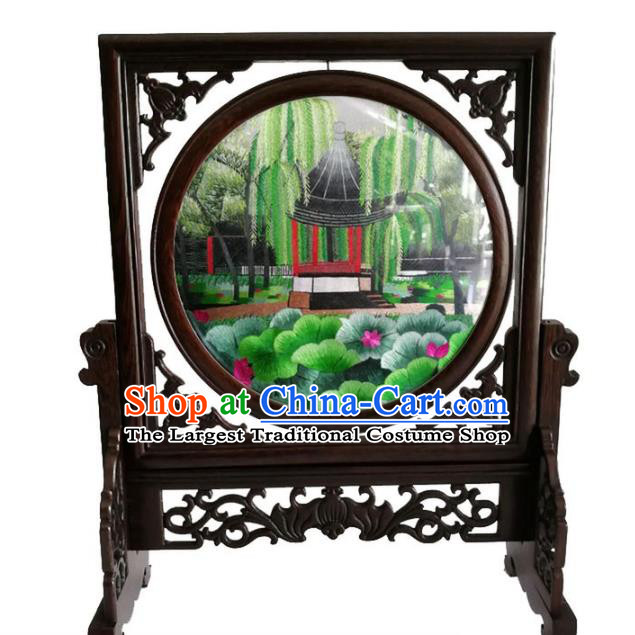 Chinese Handmade Suzhou Embroidered Lotus Pavilion Table Screen Traditional Wenge Rotatable Screen