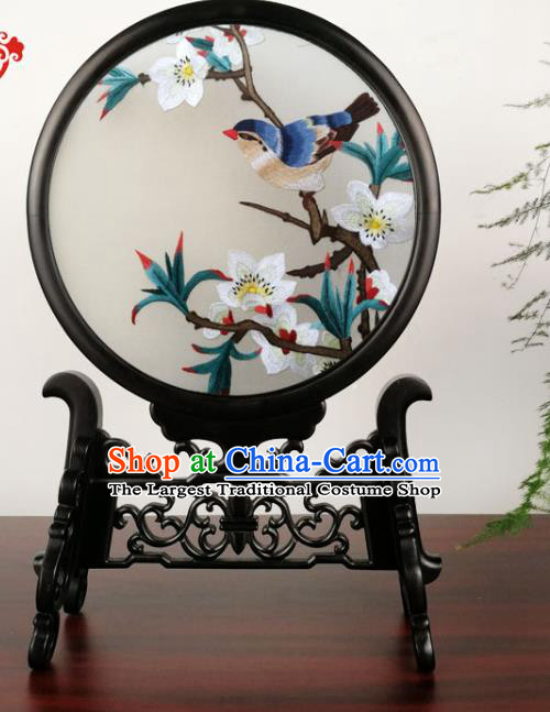 China Suzhou Embroidery Pear Blossom Table Screen Traditional Handmade Blackwood Desk Ornament