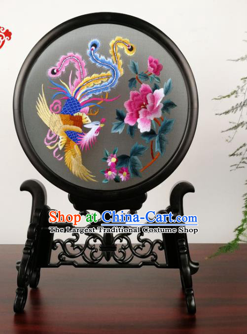 China Suzhou Embroidery Phoenix Peony Table Screen Traditional Handmade Blackwood Desk Ornament Black Silk Screen
