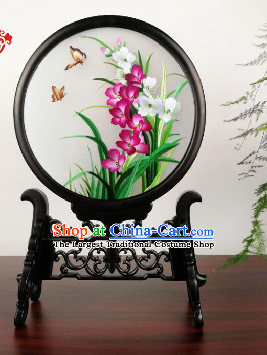 China Double Side Silk Screen Suzhou Embroidery Orchids Table Screen Traditional Handmade Blackwood Desk Ornament