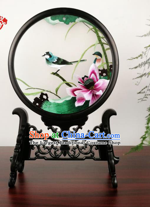 China Double Side Silk Screen Handmade Blackwood Table Screen Suzhou Embroidery Lotus Craft