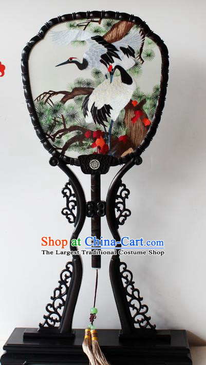 China Handmade Embroidered Cranes Silk Fan Traditional Blackwood Palace Fan Classical Dance Fan