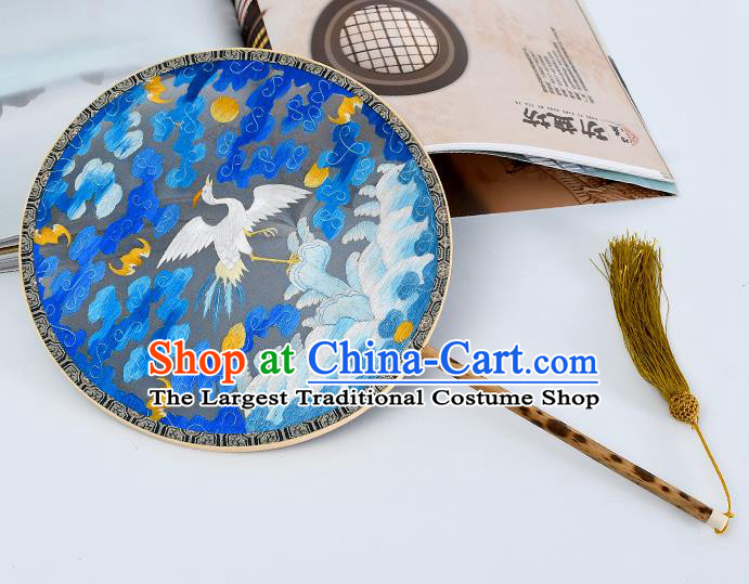 China Traditional Embroidered Cloud Crane Circular Fan Handmade Mottled Bamboo Palace Fan Classical Blue Silk Fan