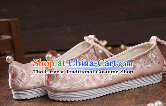 China Ancient Princess Pink Cloth Shoes Traditional Ming Dynasty Embroidered Peony Hanfu Shoes National Women Shoes