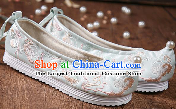 China National Women Light Blue Cloth Shoes Embroidered Hanfu Shoes Traditional Ming Dynasty Princess Shoes
