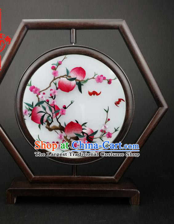 China Wenge Table Screen Handmade Embroidery Peach Flowers Hexagon Desk Screen Furniture