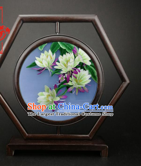 China Furniture Wenge Hexagon Table Screen Handmade Embroidery Epiphyllum Desk Screen
