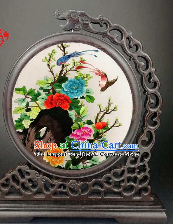 China Traditional Suzhou Embroidery Peony Flowers Table Screen Handmade Wenge Panel Screen