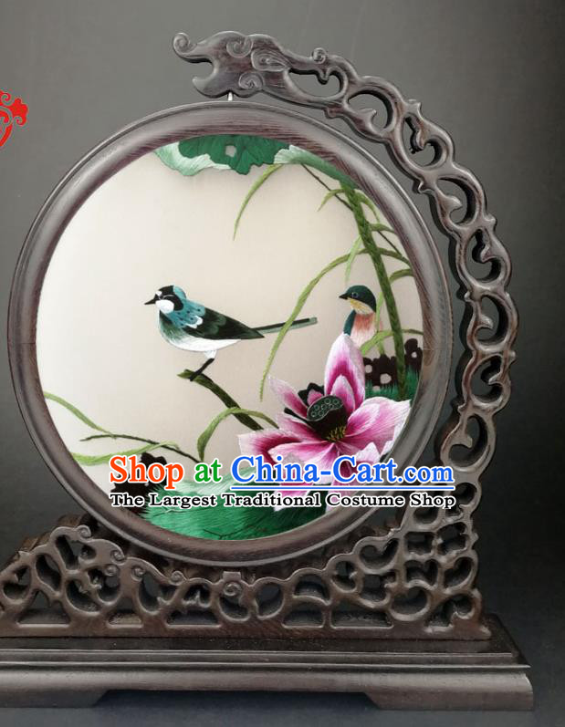 China Traditional Suzhou Embroidery Lotus Table Screen Handmade Wenge Panel Gifts Screen