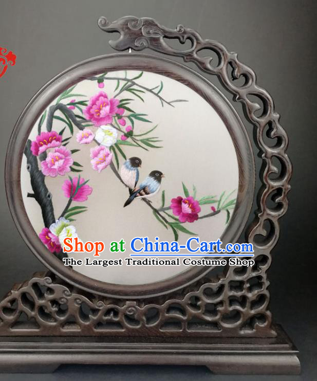 Chinese Suzhou Embroidered Begonia Desk Decorative Screen Traditional Wenge Table Top Screen