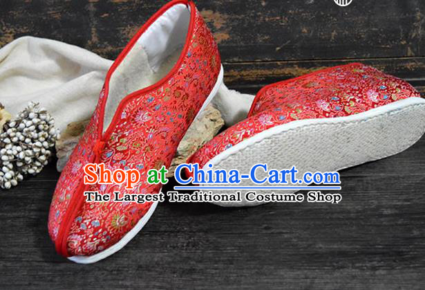 China Traditional Red Brocade Shoes National Winter Cotton Padded Shoes New Year Shoes