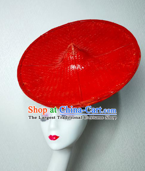 China Traditional Dai Nationality Folk Dance Red Bamboo Hat Yunnan Ethnic Minority Stage Show Headwear