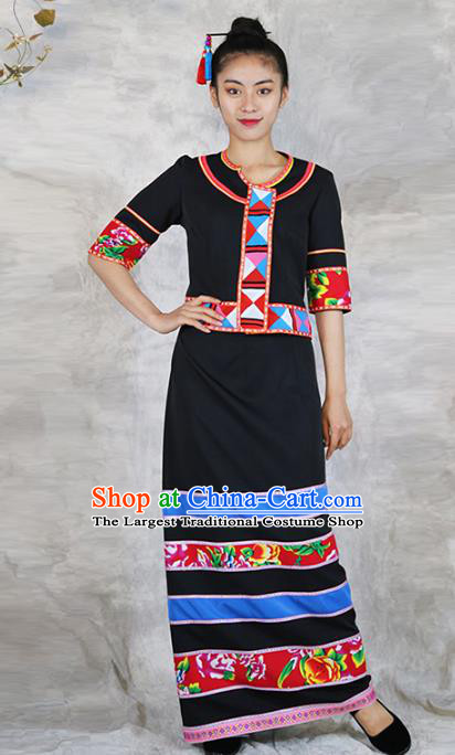 Chinese Ethnic Woman Costume Lahu Minority Informal Clothing Yunnan Nationality Black Dress Outfits