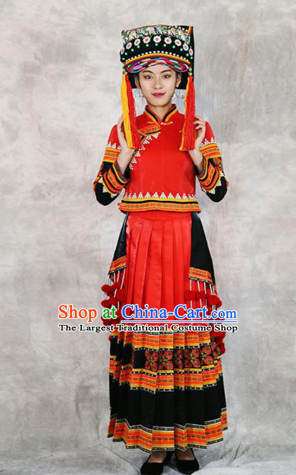 Chinese Minority Folk Dance Red Outfits Clothing Ethnic Bride Costume Yi Nationality Wedding Dress and Headwear