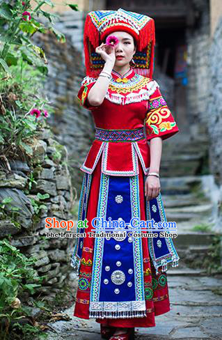 Chinese Yao Nationality Stage Show Dress Clothing Ethnic Wedding Bride Red Outfits and Headwear