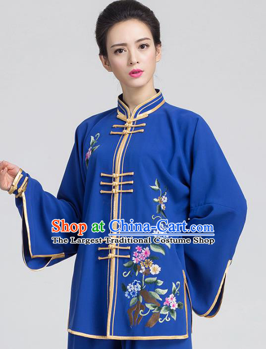 China Traditional Kung Fu Embroidered Royalblue Outfits Tai Chi Training Costumes