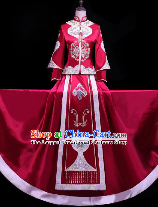 Chinese Bride Toast Embroidered Costumes Traditional Wine Red Xiuhe Suit Wedding Outfits Clothing